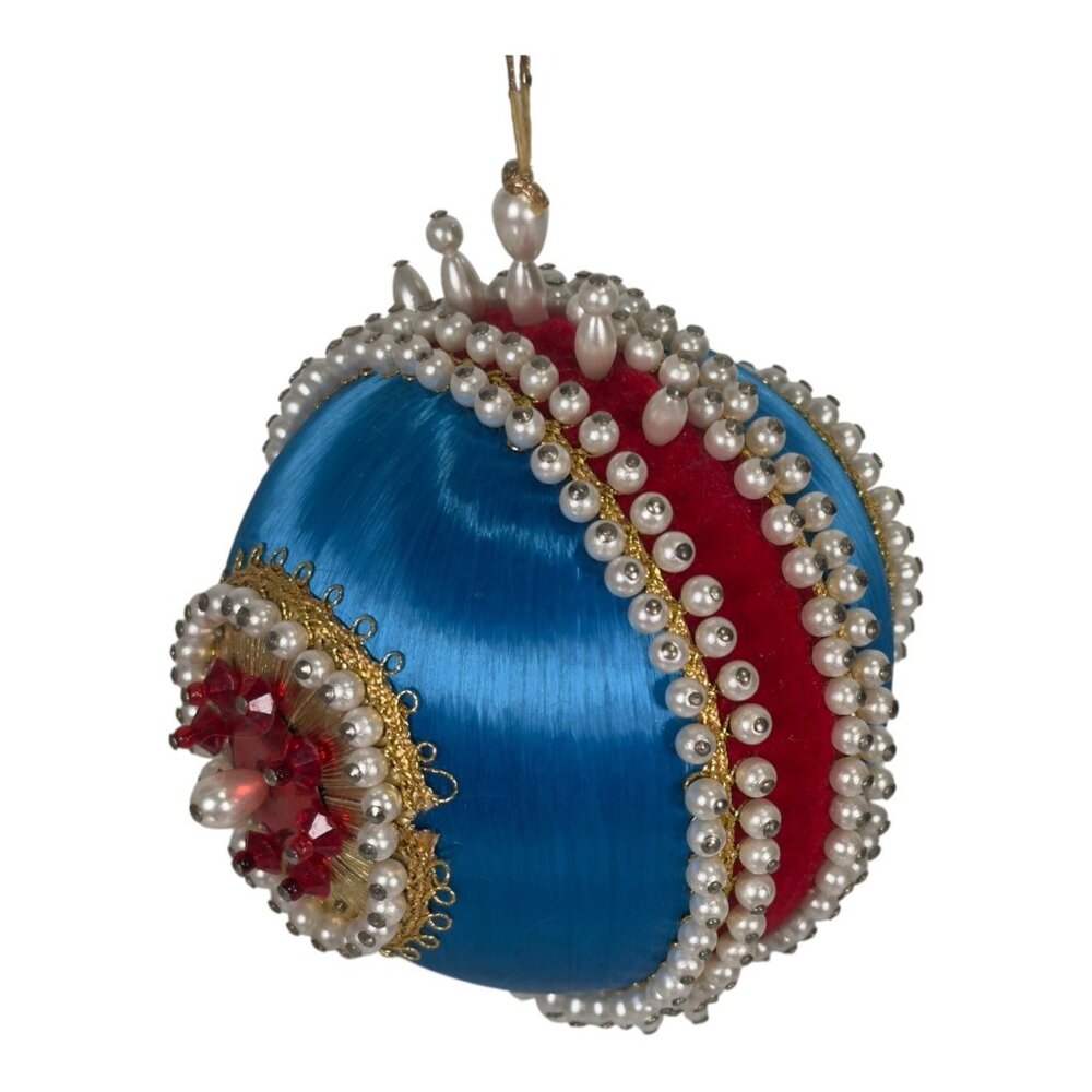 Vintage Beaded Sequin Satin Christmas Ornament Push Pin Handmade